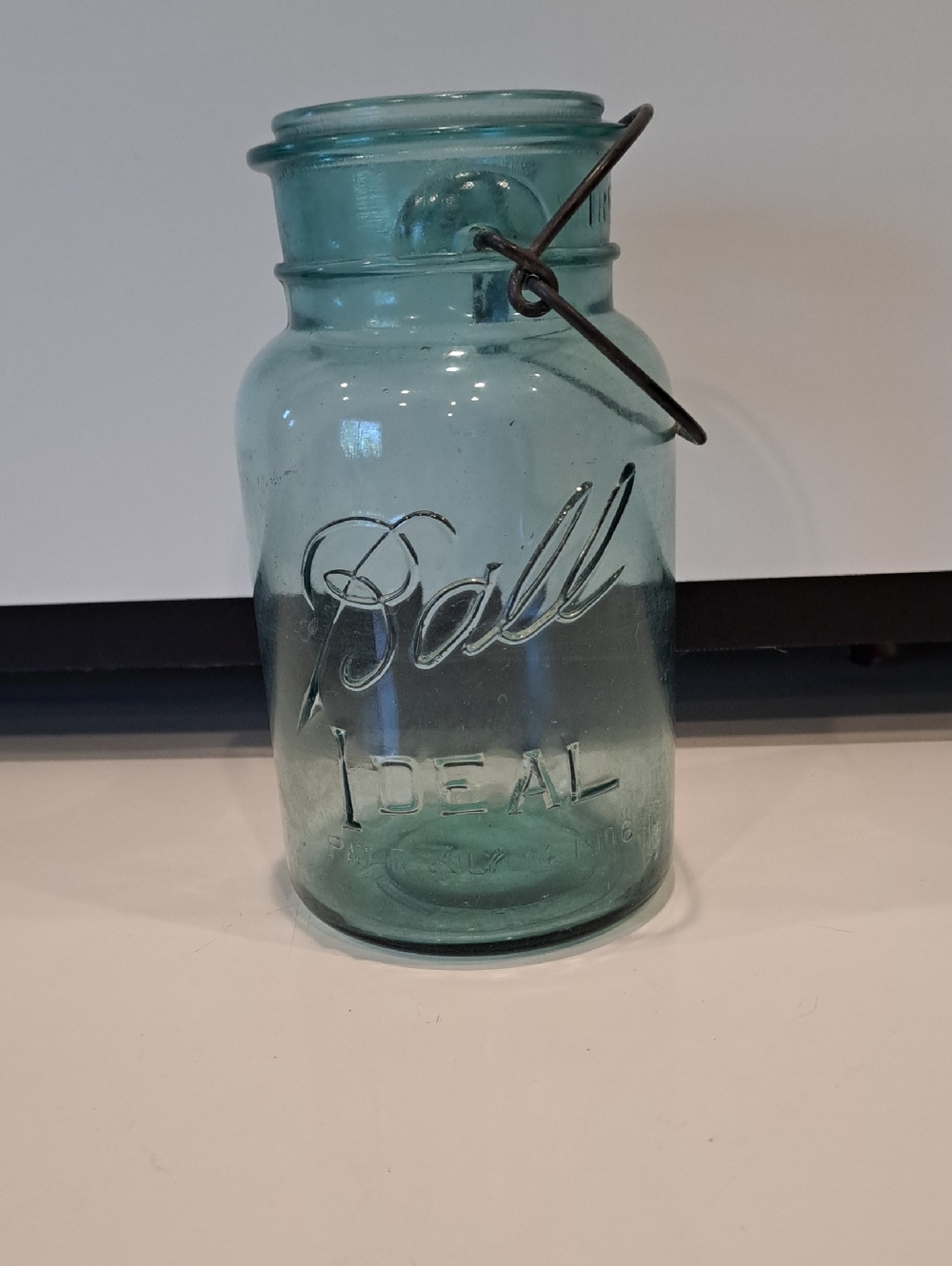 Antique Blue Ball Canning Jar. Wire Bale. Pat July 1908 7" X 3 3/4" EUC